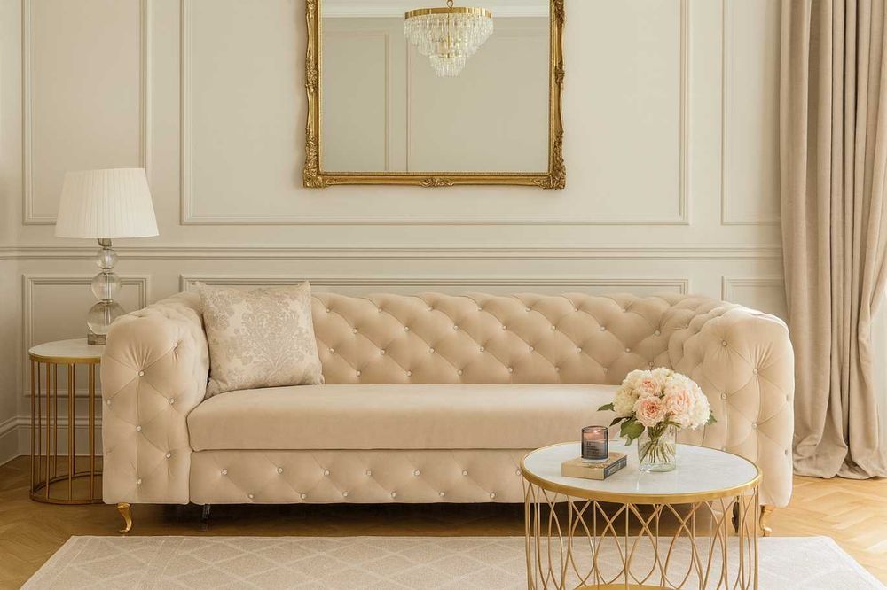 Dostępna od ręki sofa glamuor elegancka do salonu z funkcją spania