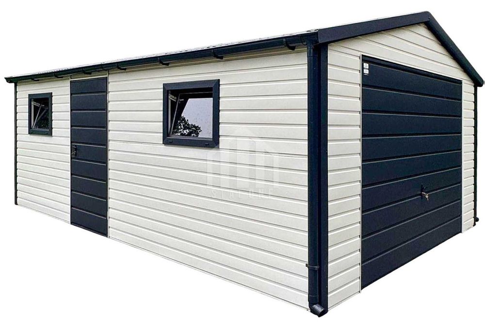 Garaż blaszany 4x5m - brama - 2x okno - drzwi - biały - rynny SO117