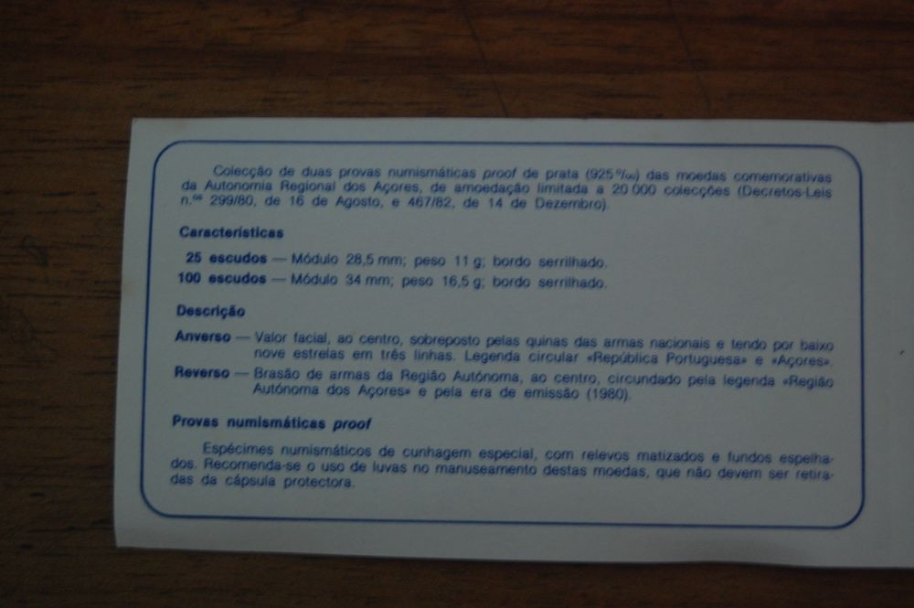 Coleção Moedas prata Autonomia dos Açores 25 e 100 Esc Proof 1980