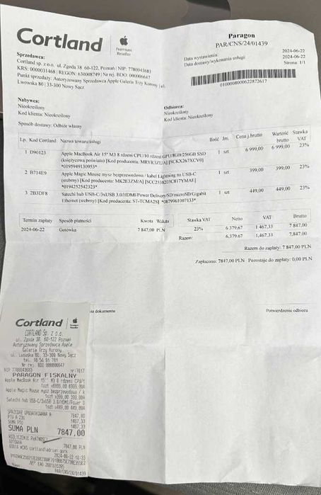 Apple Mackbook Air 15" 8gb/256gb SSD mysz apple gwarancja hub USP-C