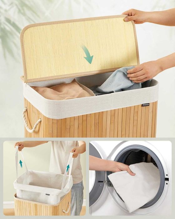 Kosz na pranie 100L 2 komory, składany z pokrywą, wyjmowany worek