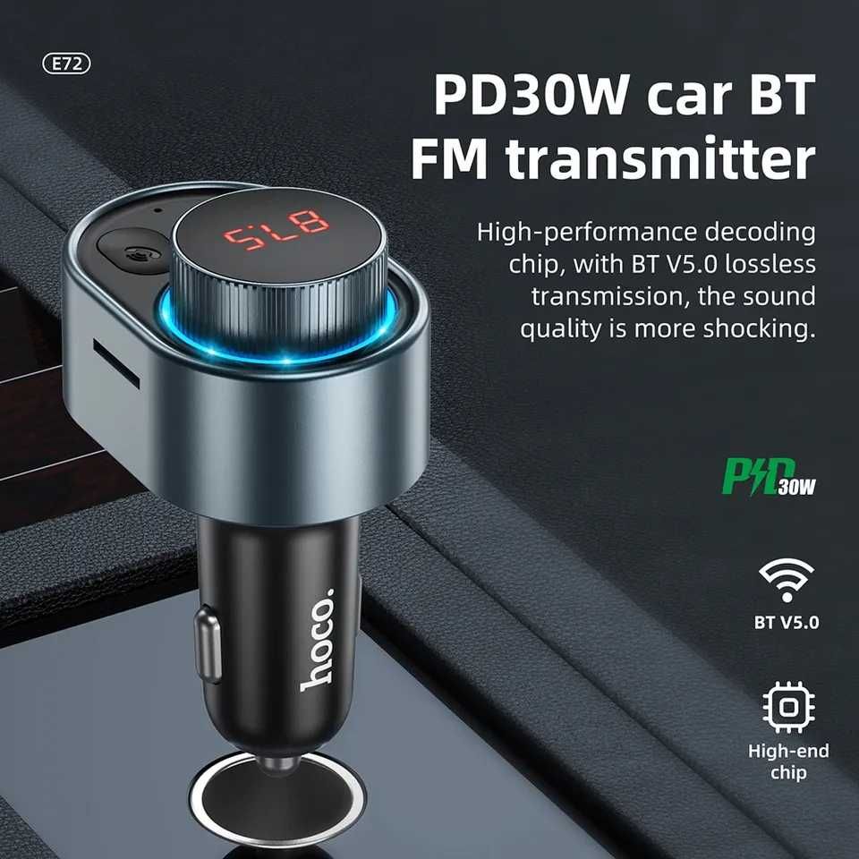 Hoco FM Трансмиттер Модулятор, Bluetooth 5.0, PD 20W, 30W, QC 3.0, TF