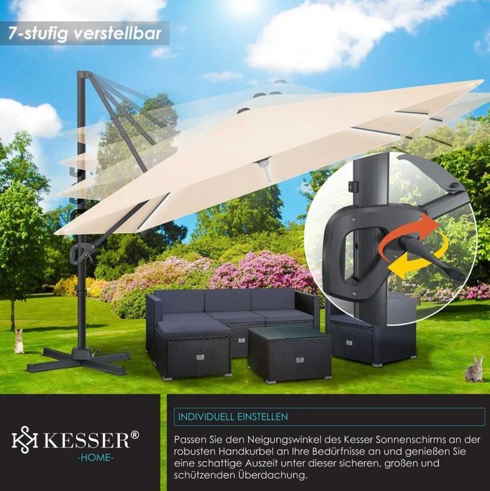 Parasol ogrodowy z oświetleniem LED 300x300x235cm UV obrotowy beżowy