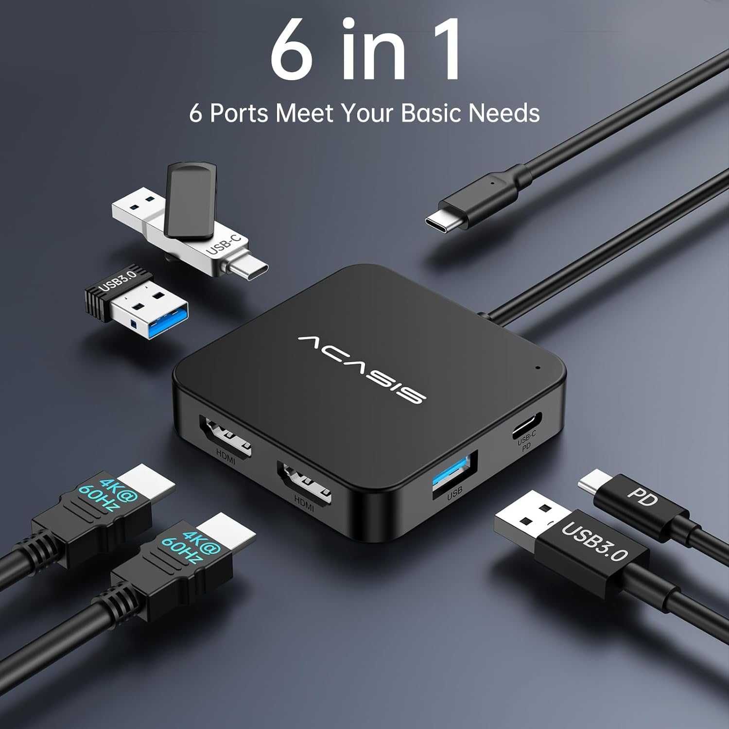 ACASIS 6w1 USB C Hub Dual HDMI, 100W PD, 2 adapter HDMI 4K, 2 USB 3.0