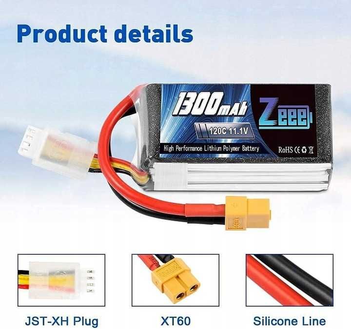 2 X Bateria Lipo Zeee 3S 1300mAh 11.1V 120C RC Bateria z XT60 [2359]