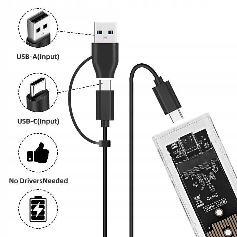 Obudowa dysku SSD Kieszeń NVMe+SATA M.2 NGFF USB 3.1 USB-C 4TB 10Gbps