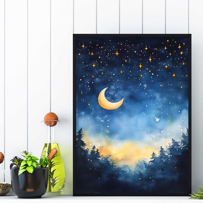 plakat krajobraz akwarela księżyc planety, krajobraz, planeta księżyc