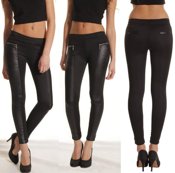 Leggings Pretas mulher com pele e zippers - Tamanho XL