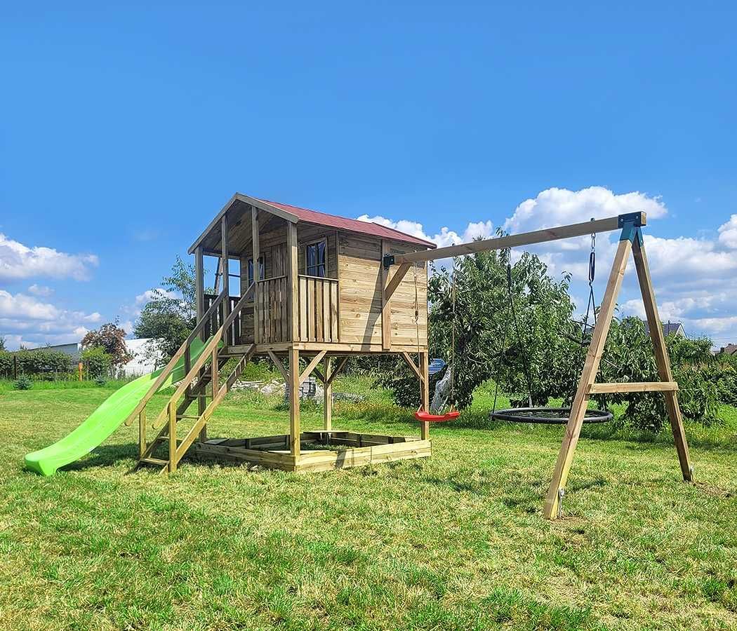 Domek zabaw drewniany plac zabaw Ola z huśtawką i zjeżdżalnią