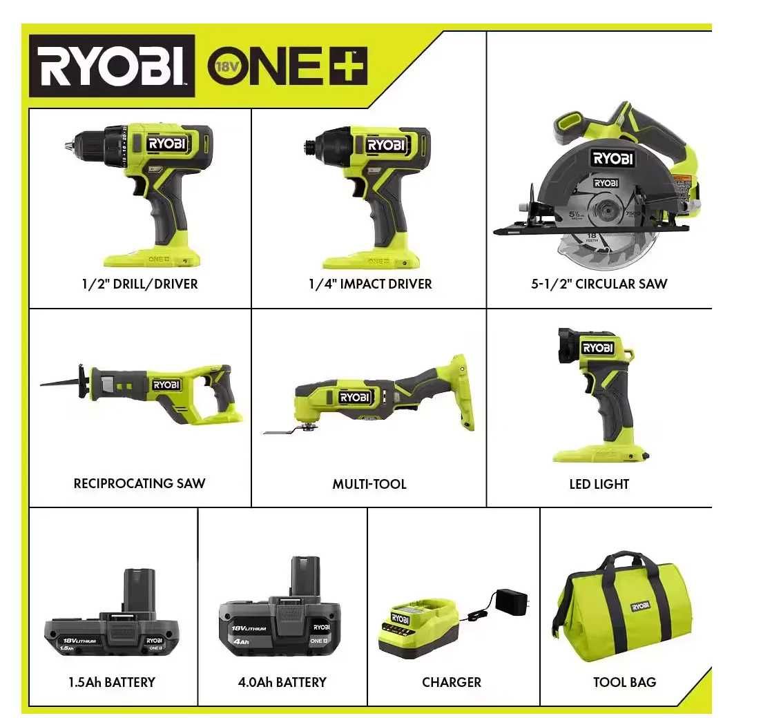 Ryobi ONE+ 18V бездротовий набір із 6 інструментів з акумулятором