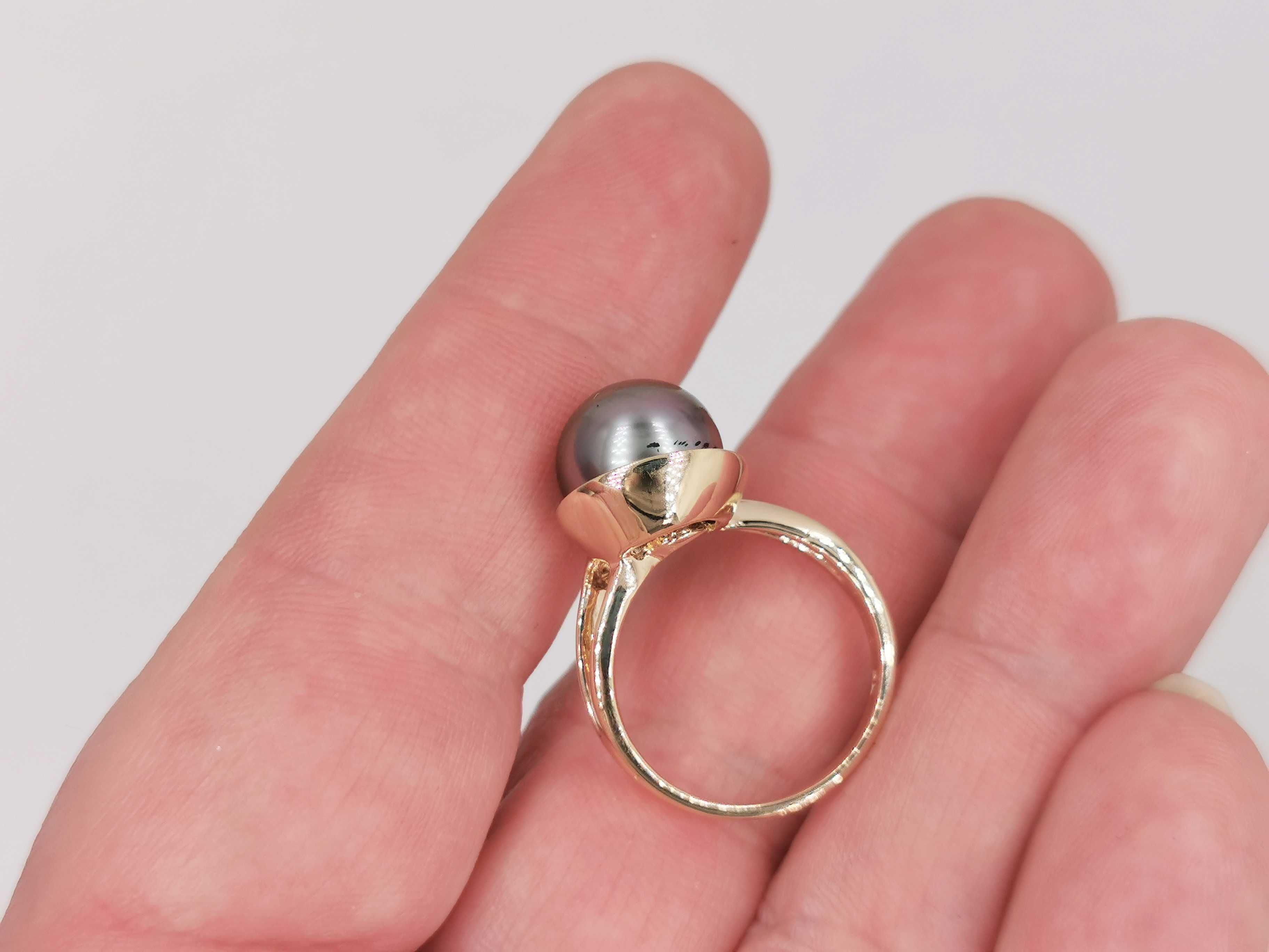 pierścionek złoto 14K 585 perła Tahiti 10,3 mm 5,34 g certyfikat