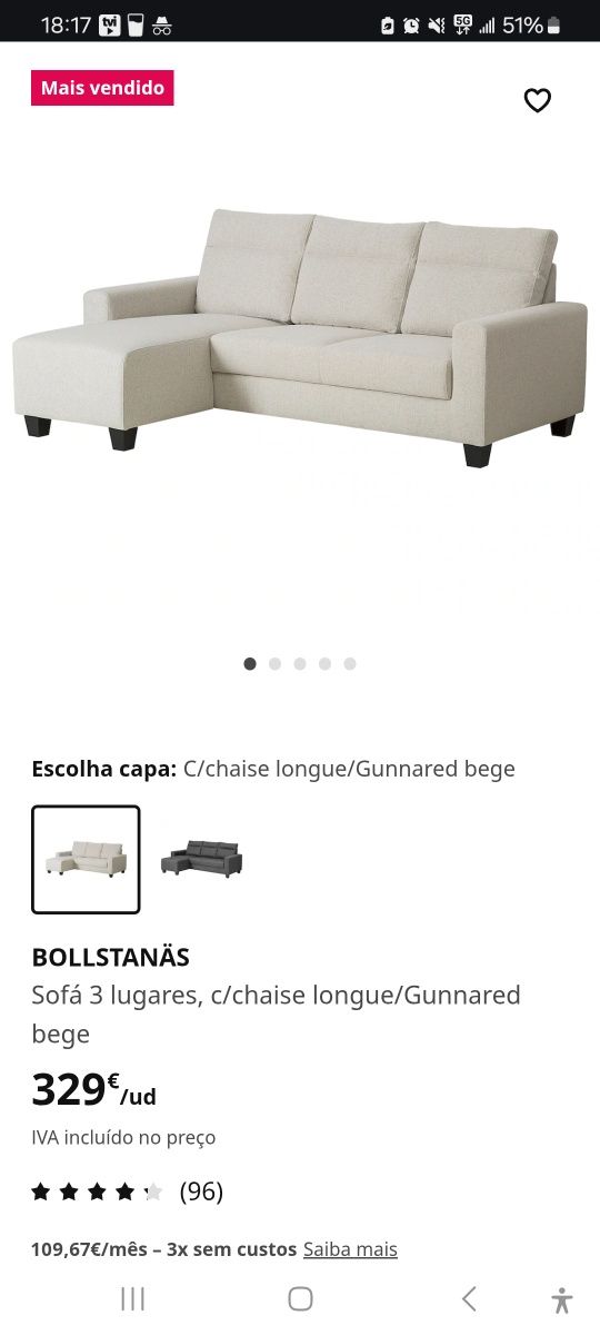 SoSofá 3 lugares, c/chaise longue/Gunnared bege