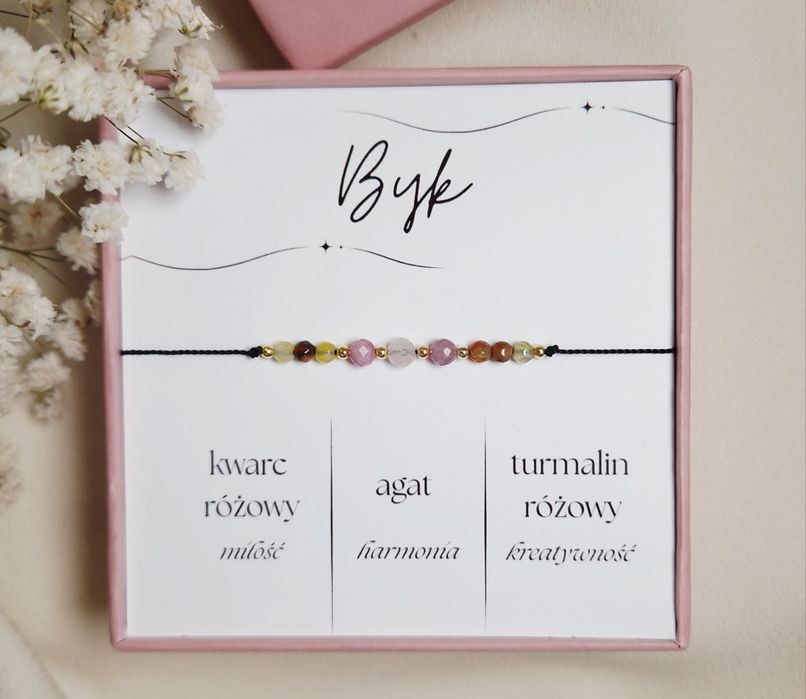 Bransoletka na sznurku znak zodiaku byk - srebro, kamienie naturalne