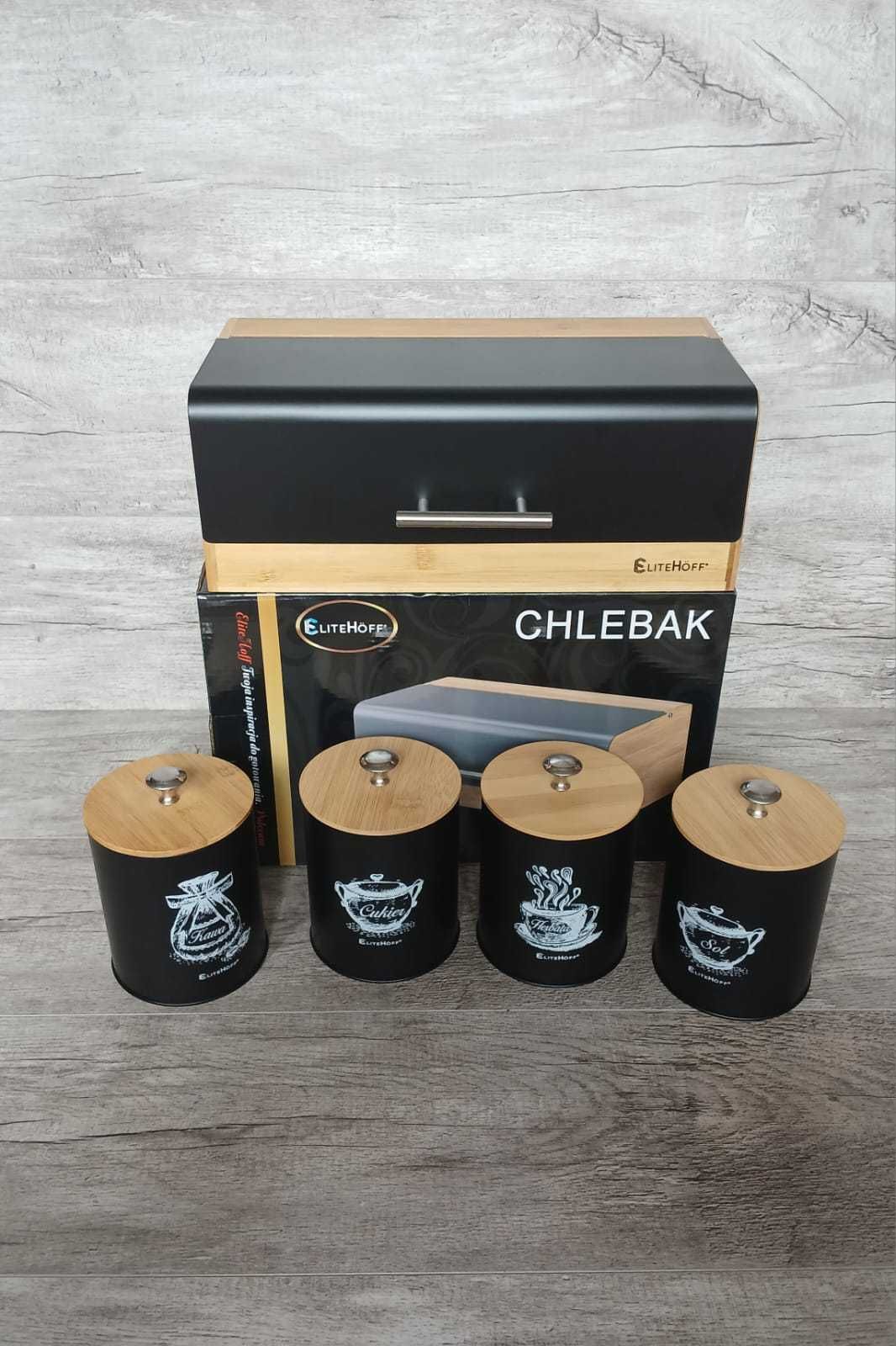 Komplet chlebak bambusowy z pojemnikami na Kawę Herbatę Cukier Sól