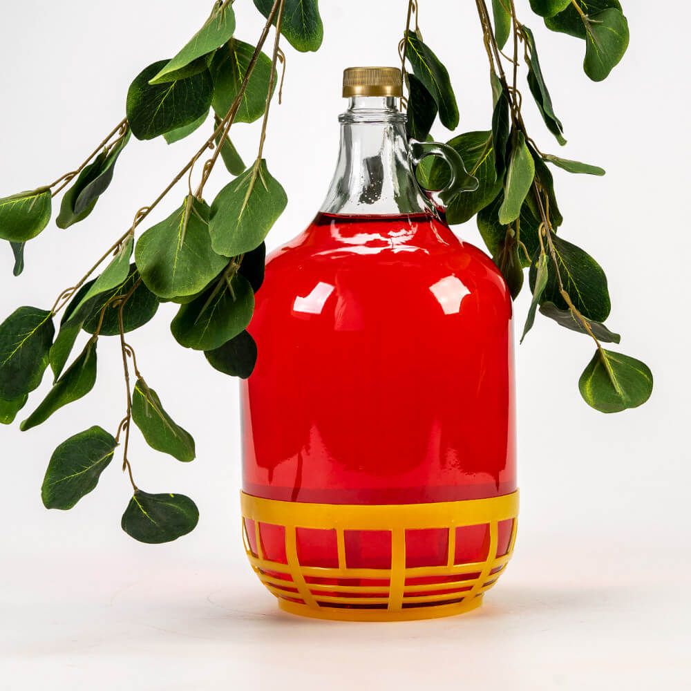 4x gąsior - 5 l - balon, dama na wino w koszyku z zakrętkami