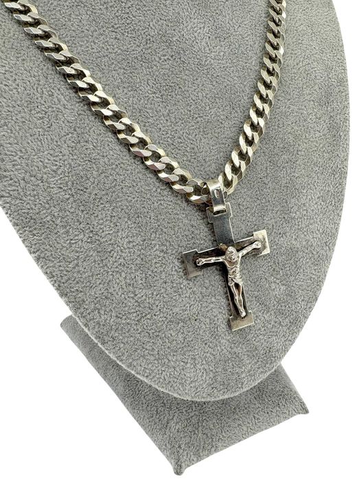 Masywny Srebrny Łańcuszek z Krzyżykiem Pancerka 49.76G 925 50CM