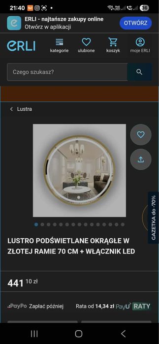 Lustro podświetlane okrągłe w złotej ramie