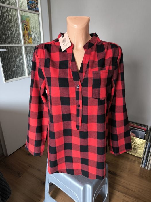 Moyabo koszula tunika damska M czerwona czarna w kratę długi rękaw