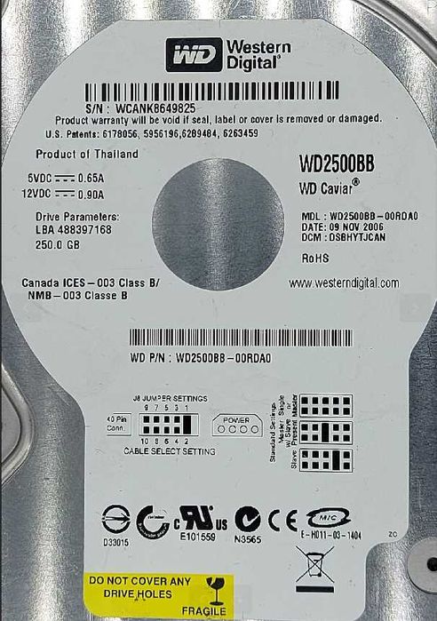 Disco Rígido Western Digital WD2500BB 250GB 7200 RPM IDE EIDE PATA