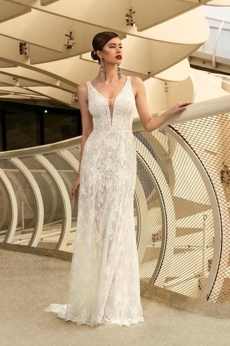 SUKNIA ŚLUBNA Rybka Agnes 34/36 Śmietanka Koronka