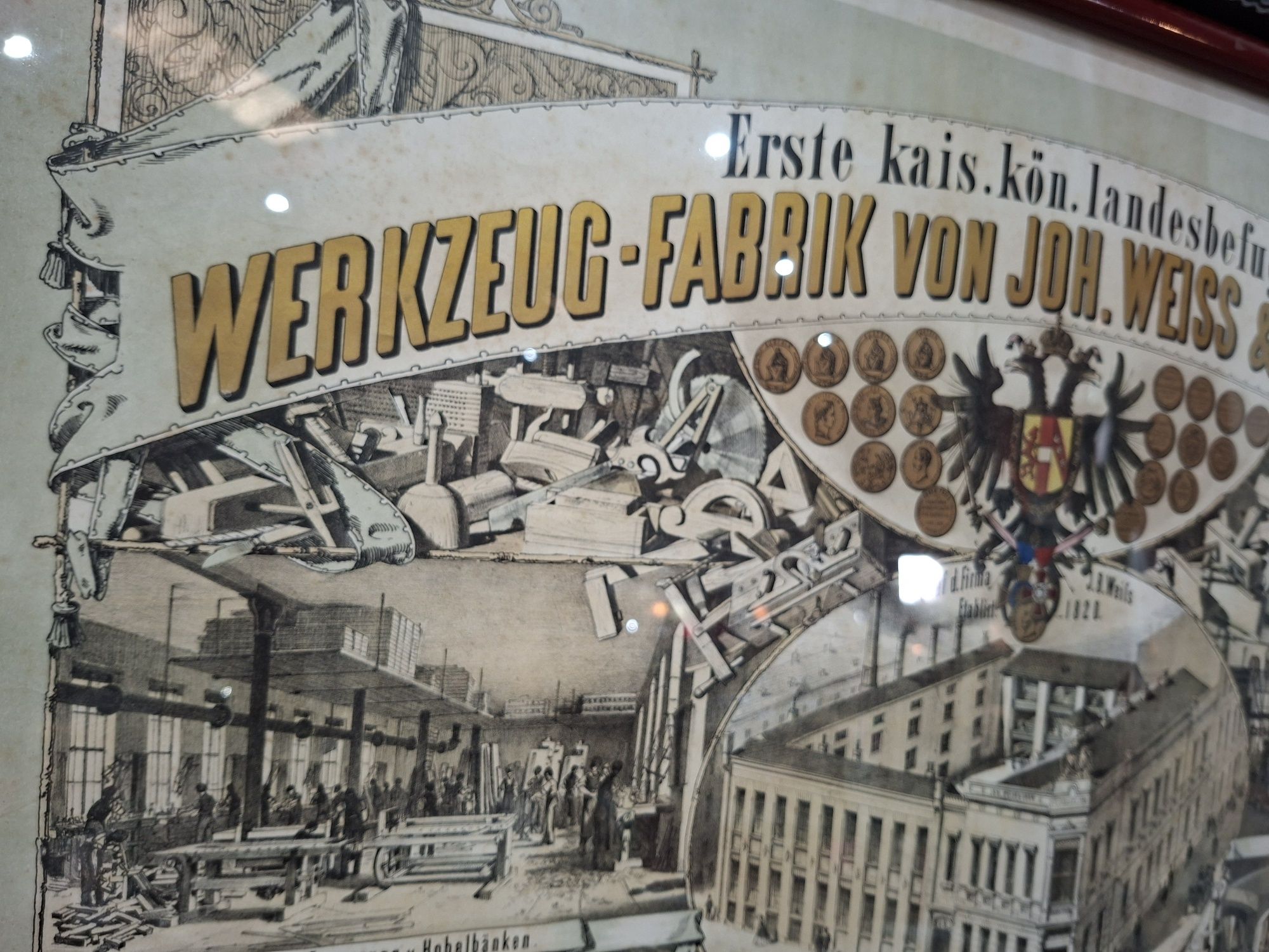 Lithografia antiga de fábrica de ferramentas em Viena - C. 1890