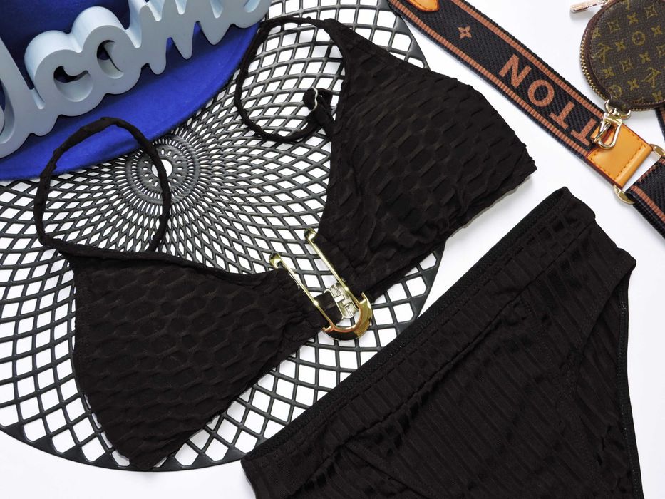 Shein Sexi czarny tłoczony strój kąpielowy złota blaszka XS