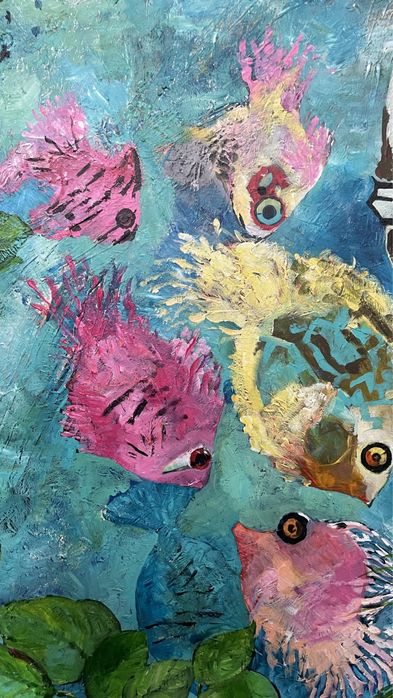 Rzeka, ryby, dużu  obraz,  akryl na płótnie , impresjonizm , fowizm