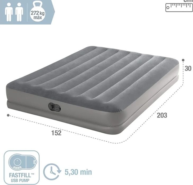 Intex Materac Dmuchany z wbudowana pompka na usb, Szary, 152x203x30cm