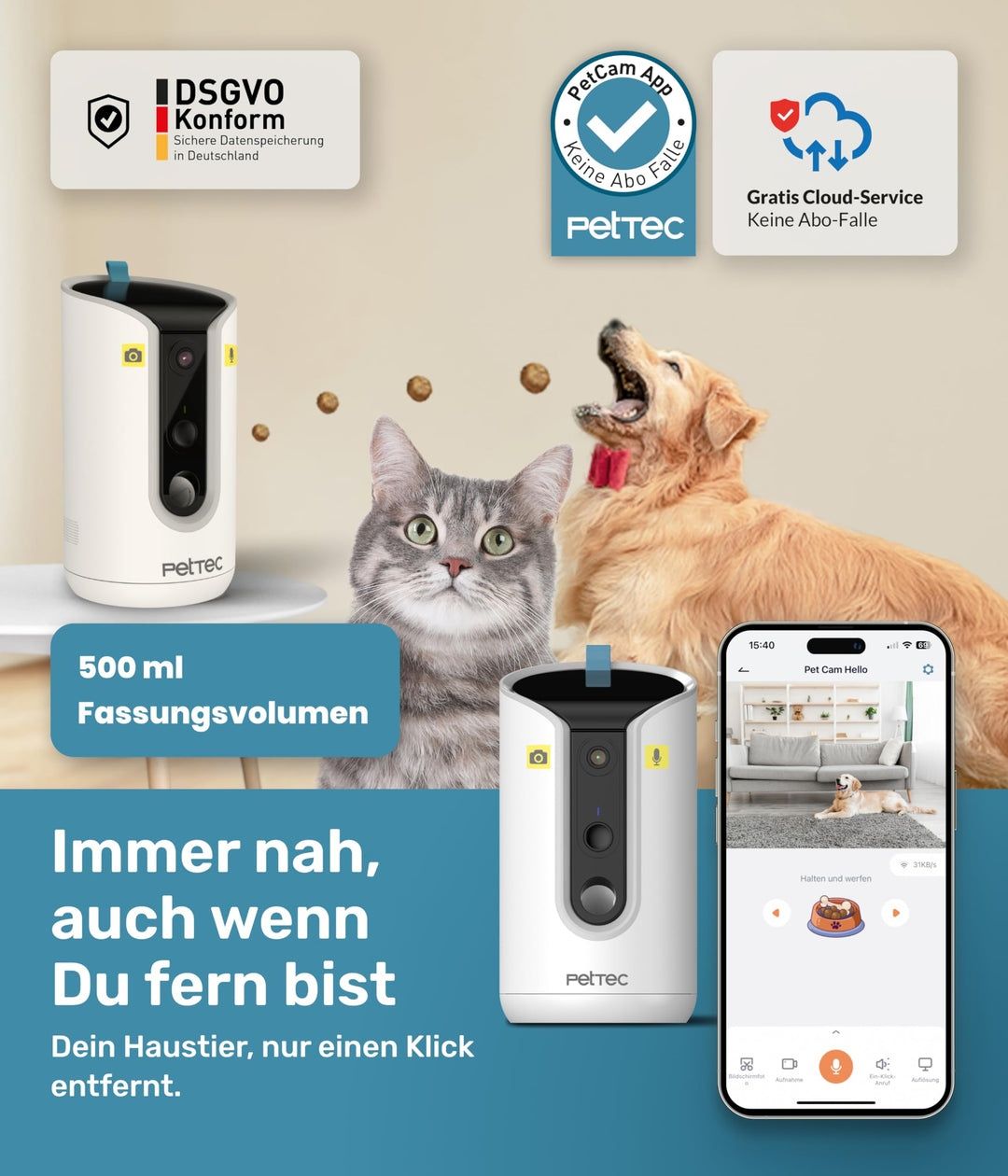 Câmera PetTec para animais de estimação 360 e dispensador automático d