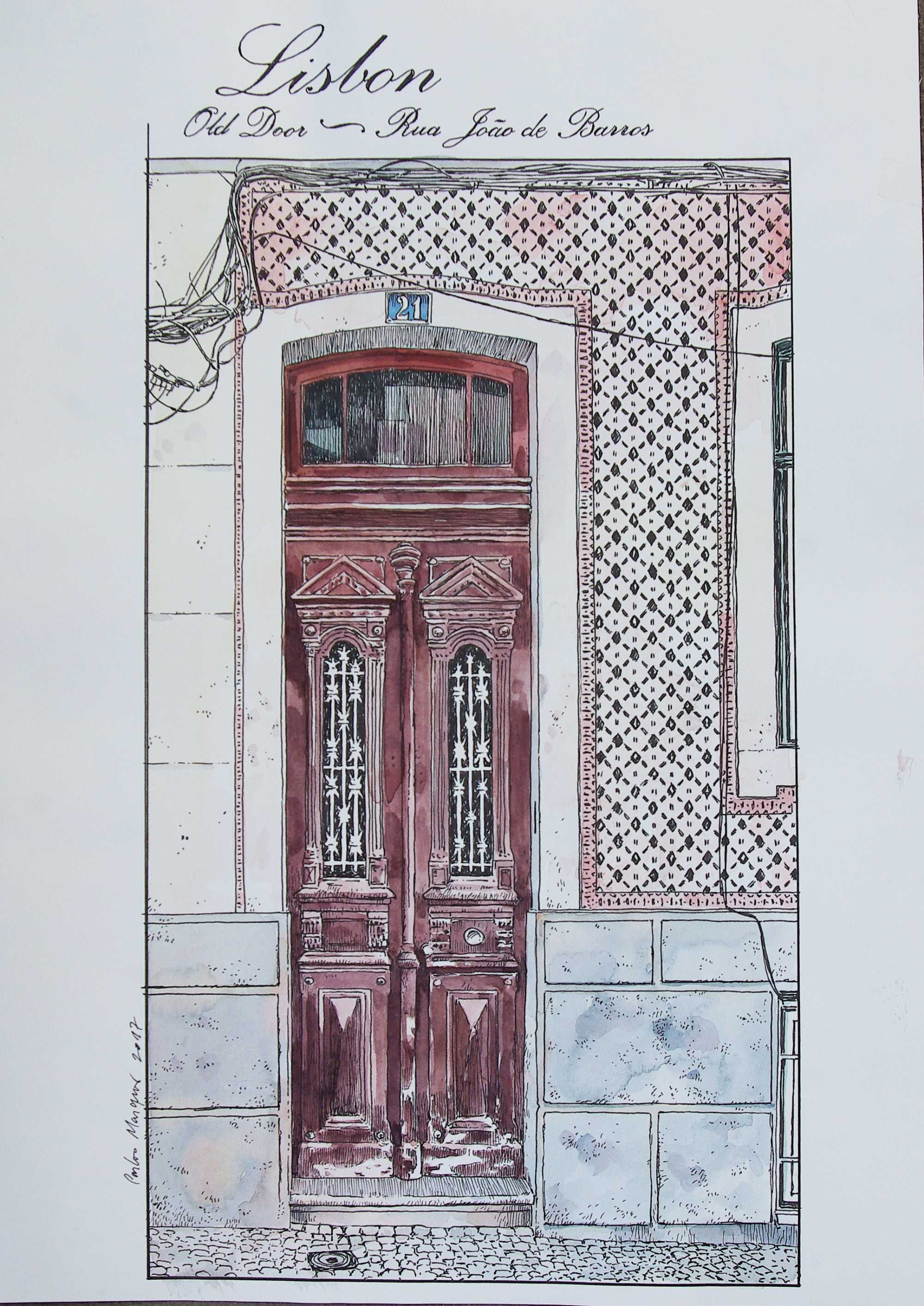 Velhas portas de Lisboa. Desenhos com marcador permanente e aguarela.