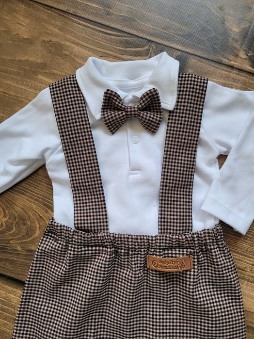 Elegancki zestaw garnitur na chrzest roczek  kratka handmade 62
