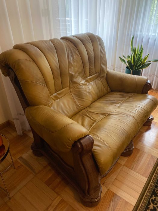 Zestaw wypoczynkowy skóra (1 + 2 +3) dąb + jasny brąz