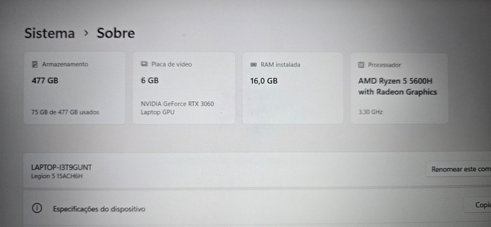 Lenovo Legion 5 15ACH6H COMO NOVO