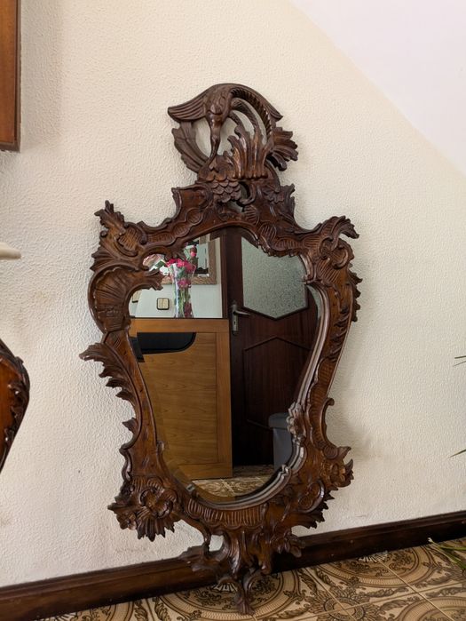 Mesa hall mármore e madeira trabalhada + espelho vintage
