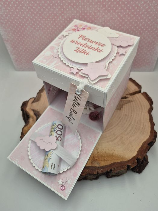 Exploding box Pamiątka Roczek dziewczynki pastelowy róż pierwsze urodz