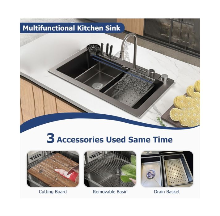 Nowoczesny zlewozmywak kuchenny 80x45cm z wodospadem i wyświetlaczem