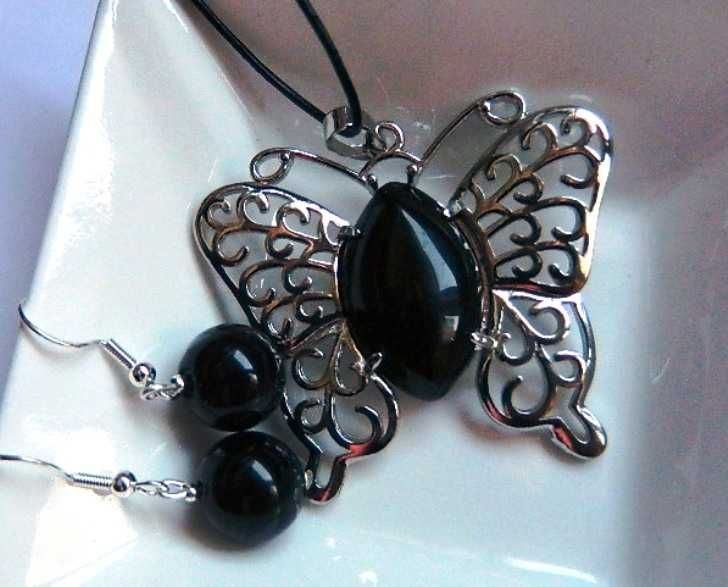 Czarny motyl, onyks w srebrze, zestaw biżuterii
