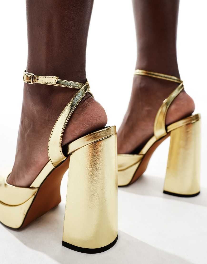 Asos Pressure Złote buty na wysokim obcasie i platformie 39