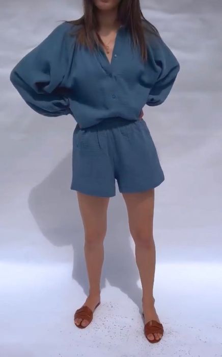 Szorty spodenki muślinowe niebieskie Matelier.  Rozm XS-S. Nowe