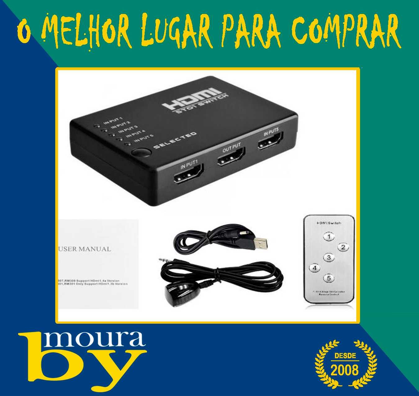 Comutador Switch Hub HDMI de 5 portas ou 3 portas c/Comando