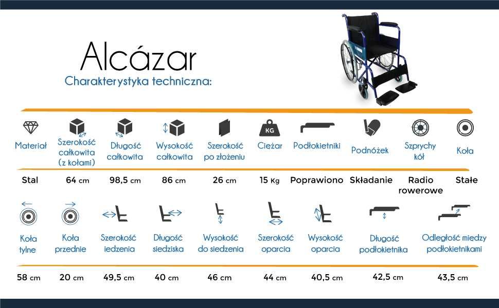 Mobiclinic Alcazar wózek inwalidzki ortopedyczny max 100kg szeroki 64