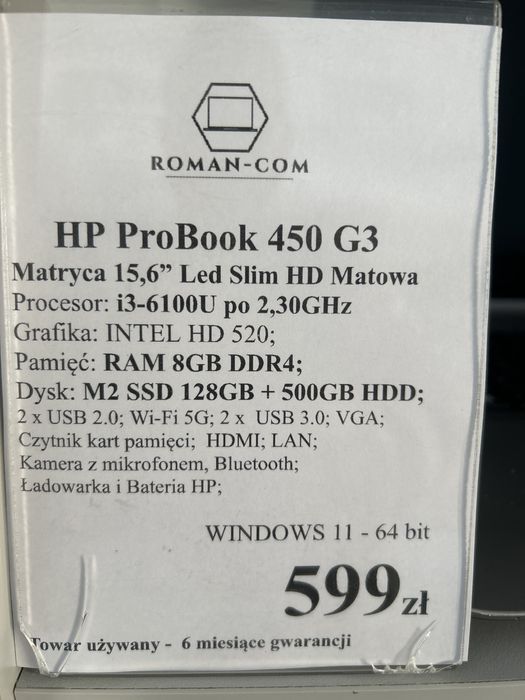 Laptop Poleasingowy HP 450 G3/i3-6100 2,3GHz/8GB DDR4/Dyski 628GB/15"/
