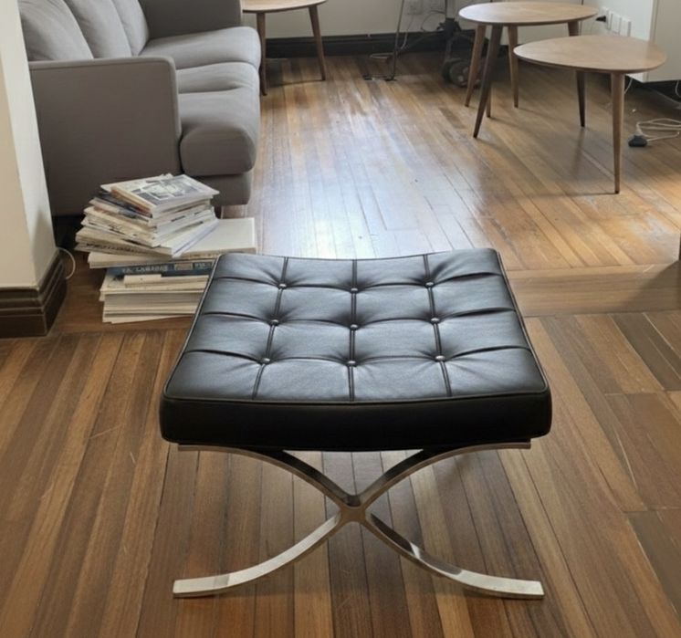 Modern Black Leather Ottoman  — Chrome Base