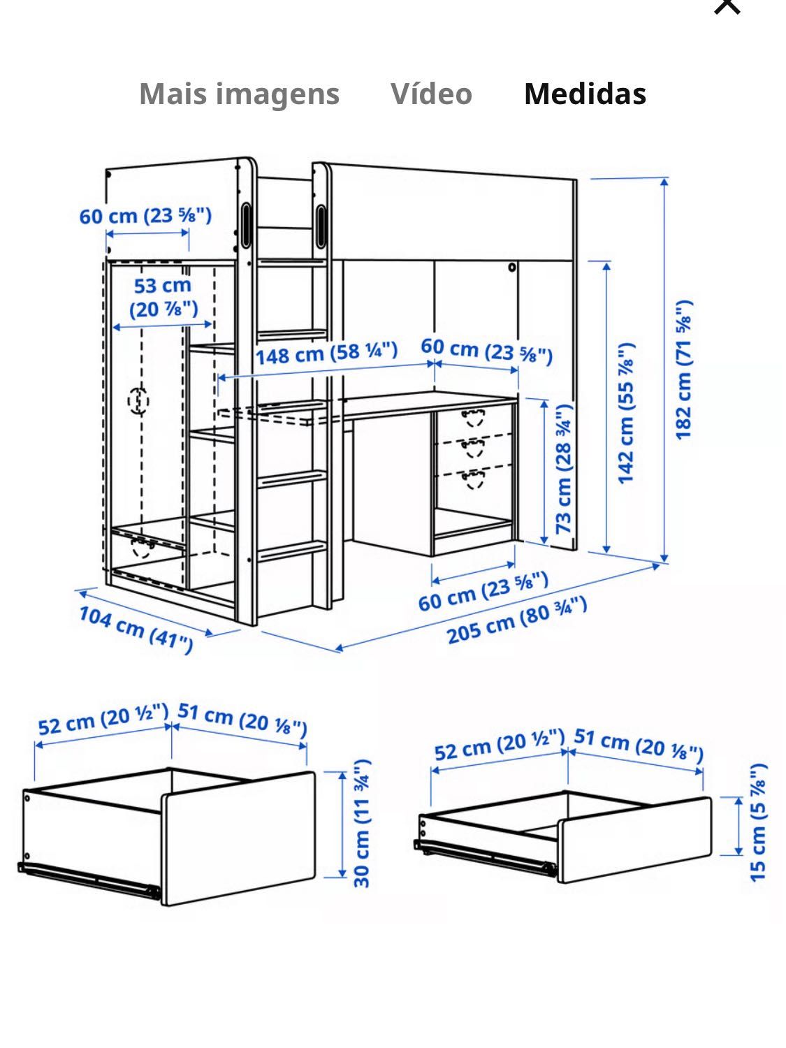 Cama alta IKEA c/ roupeiro e secretária