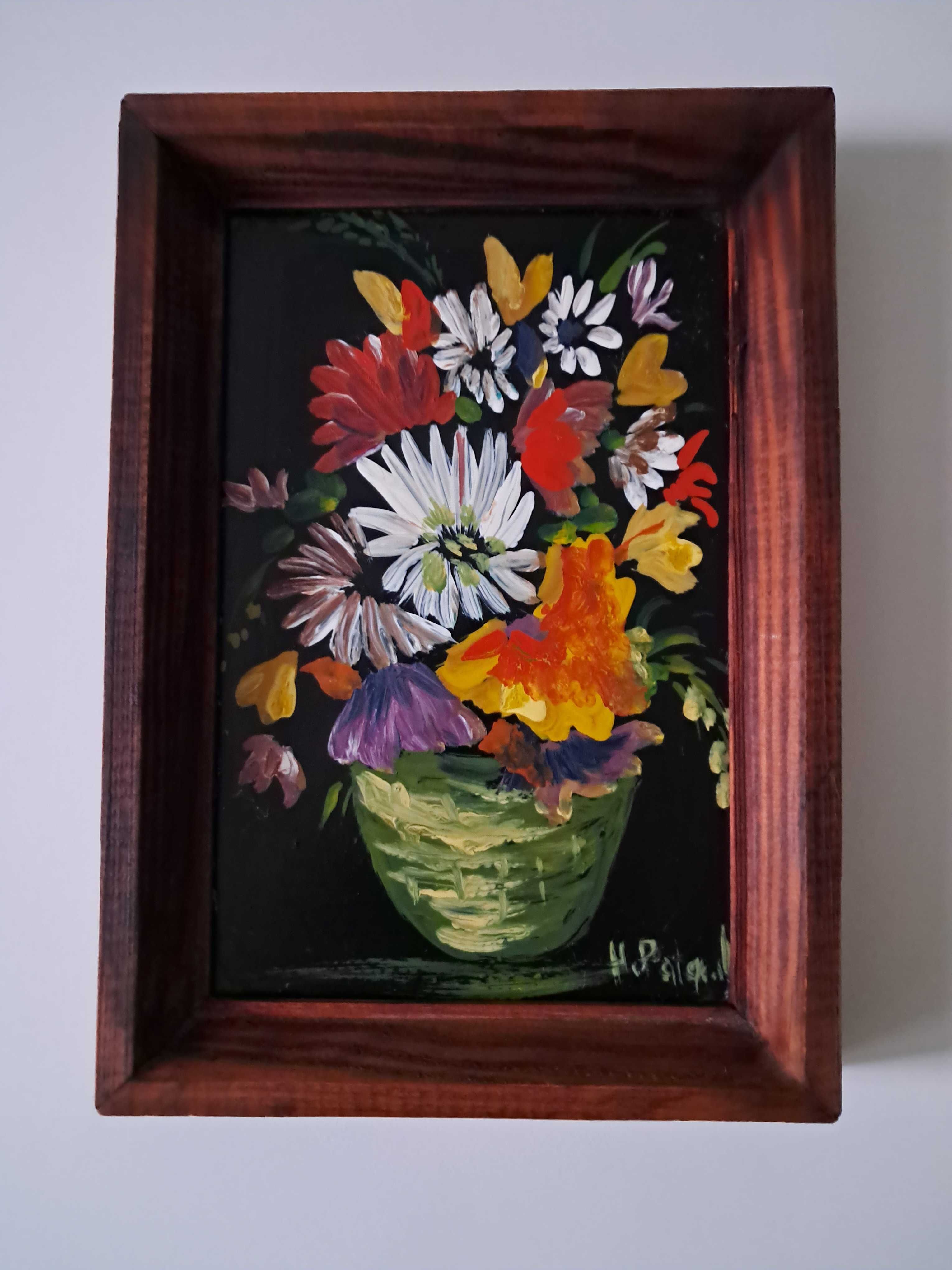 Stary obraz Kwiaty w wazonie olejny