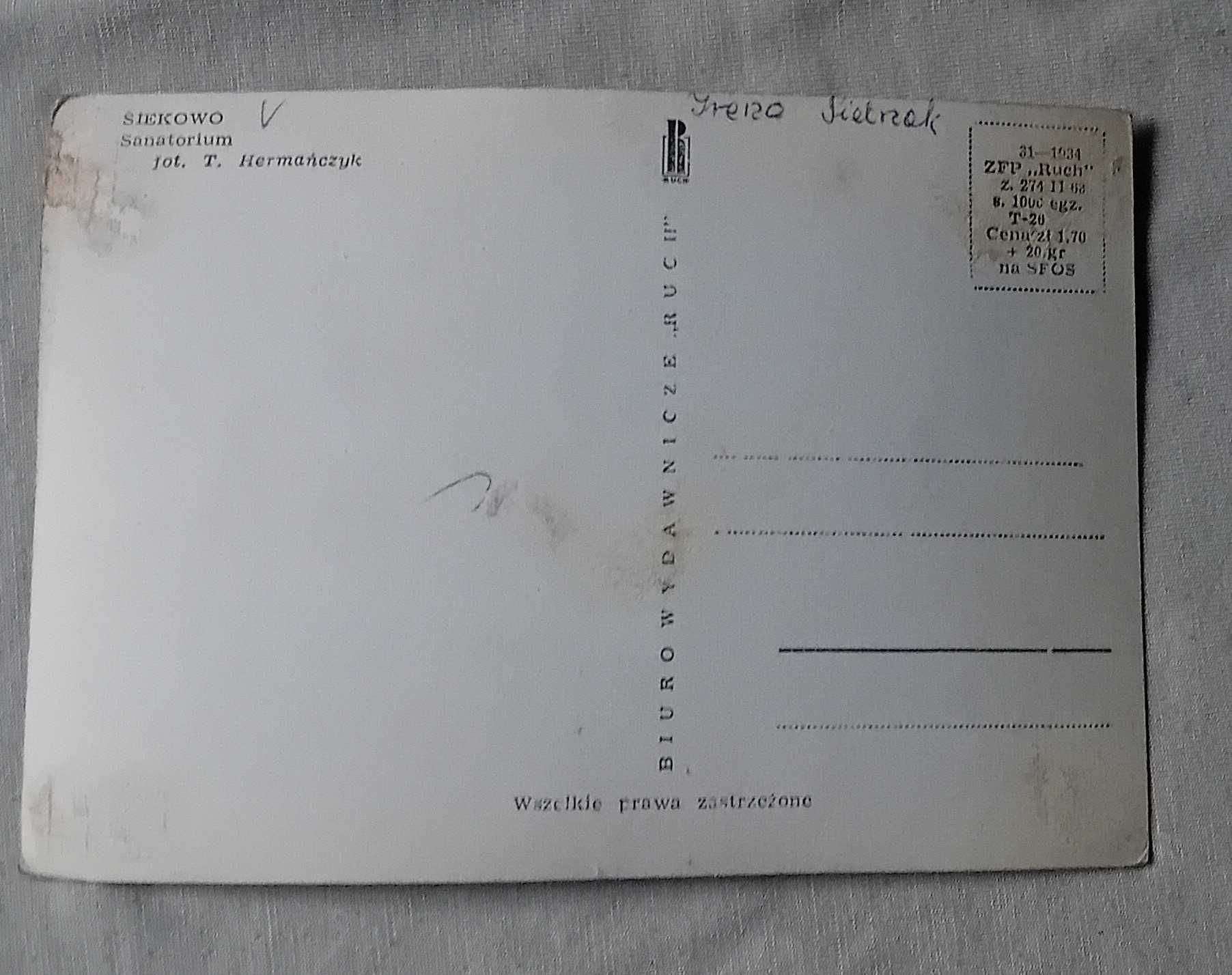 Pocztówka : Siekowo - sanatorium. RUCH, 1963 r. Niski nakład.