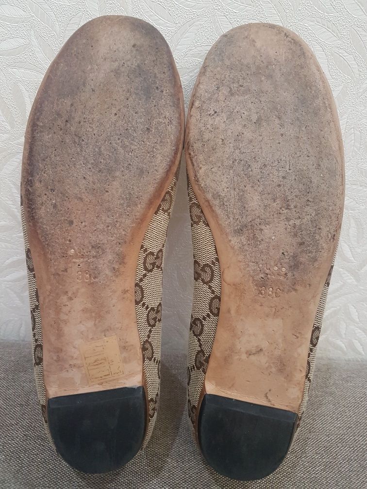 gucci brown leather gg web canvas flats