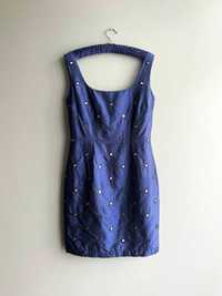 Платье винтажное шелковое из тафты блестящее короткое синее купить