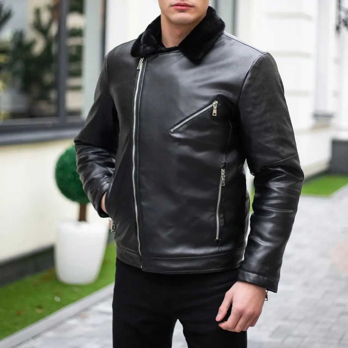 Куртка мужская кожаная зимняя с мехом V6 до -15°С черная косуха