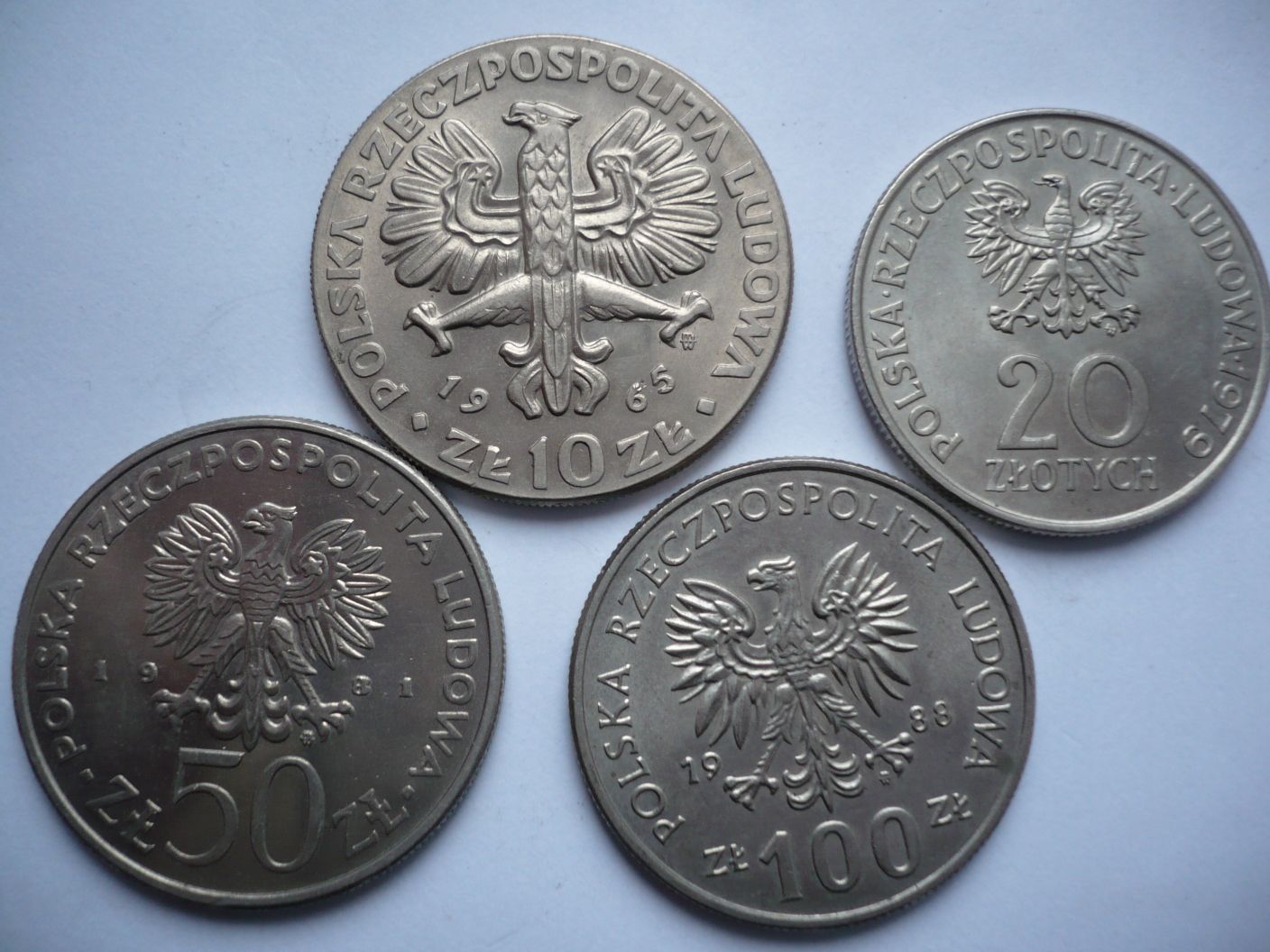 Monety PRL 10 zł 1965, 20 zł 1979, 50 zł 1981 i 100 zł 1988